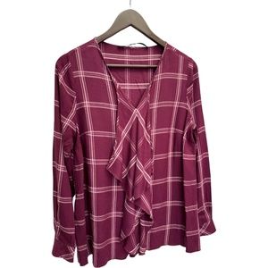 Kenzie Burgundy Plaid V-Necl Long Sleeve Blouse Top Size L